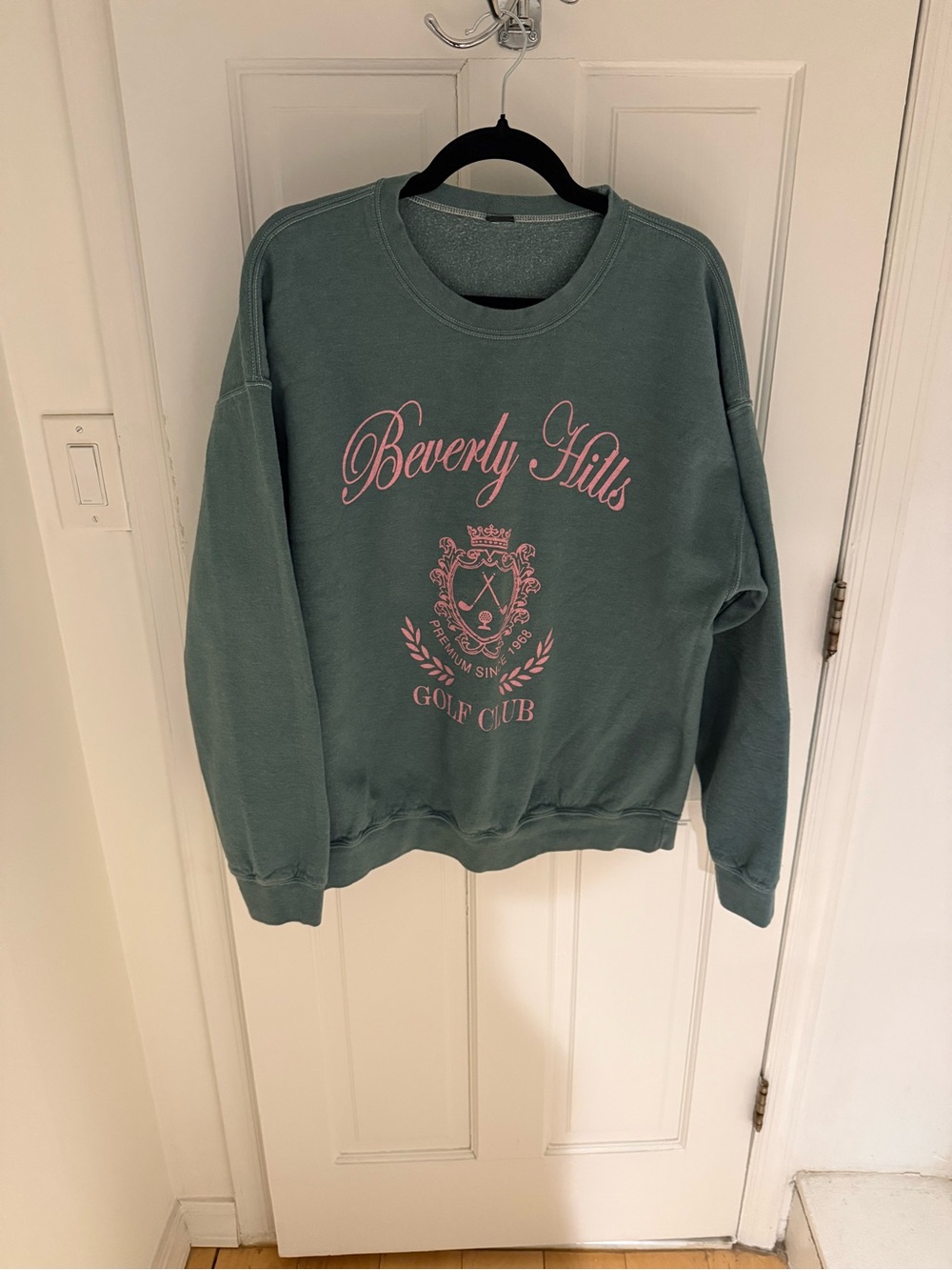 Vintage Green Crewneck Sweater with Pink Beverly Hills Script